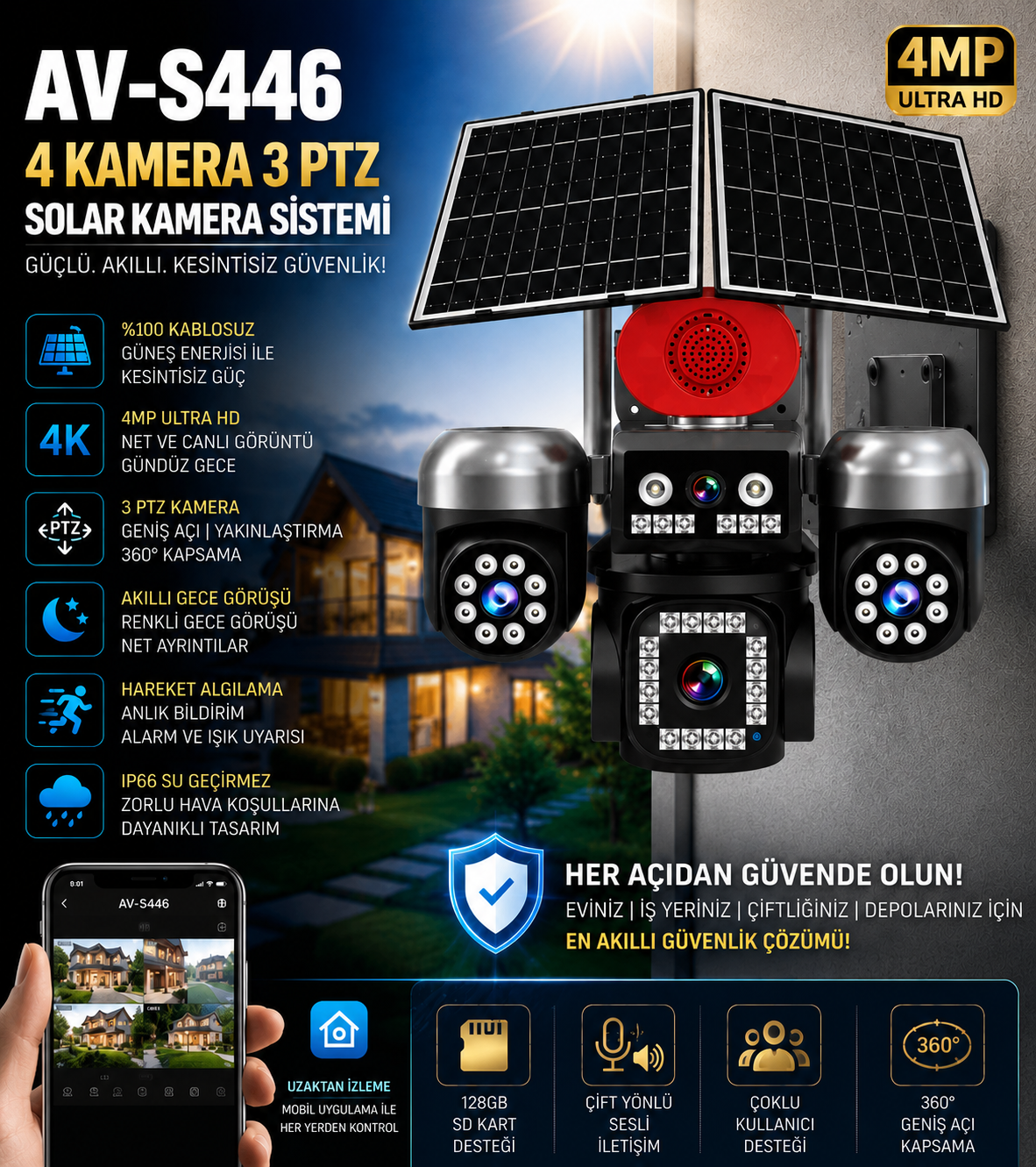 AV-S446 4 KAMERA 3 PTZ SOLAR KAMERA