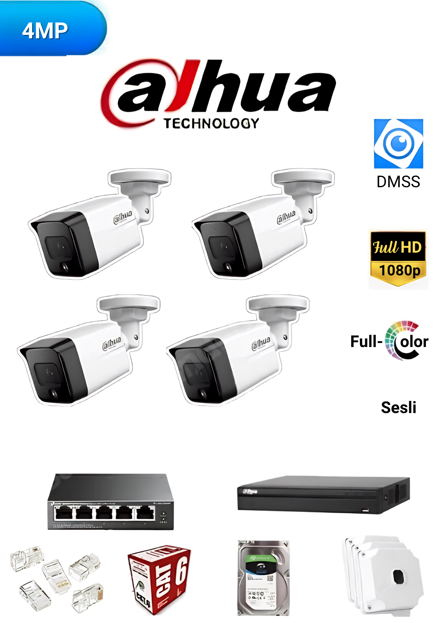 DAHUA 4MP 4'LÜ STARLİGHT IP KAMERA SETİ