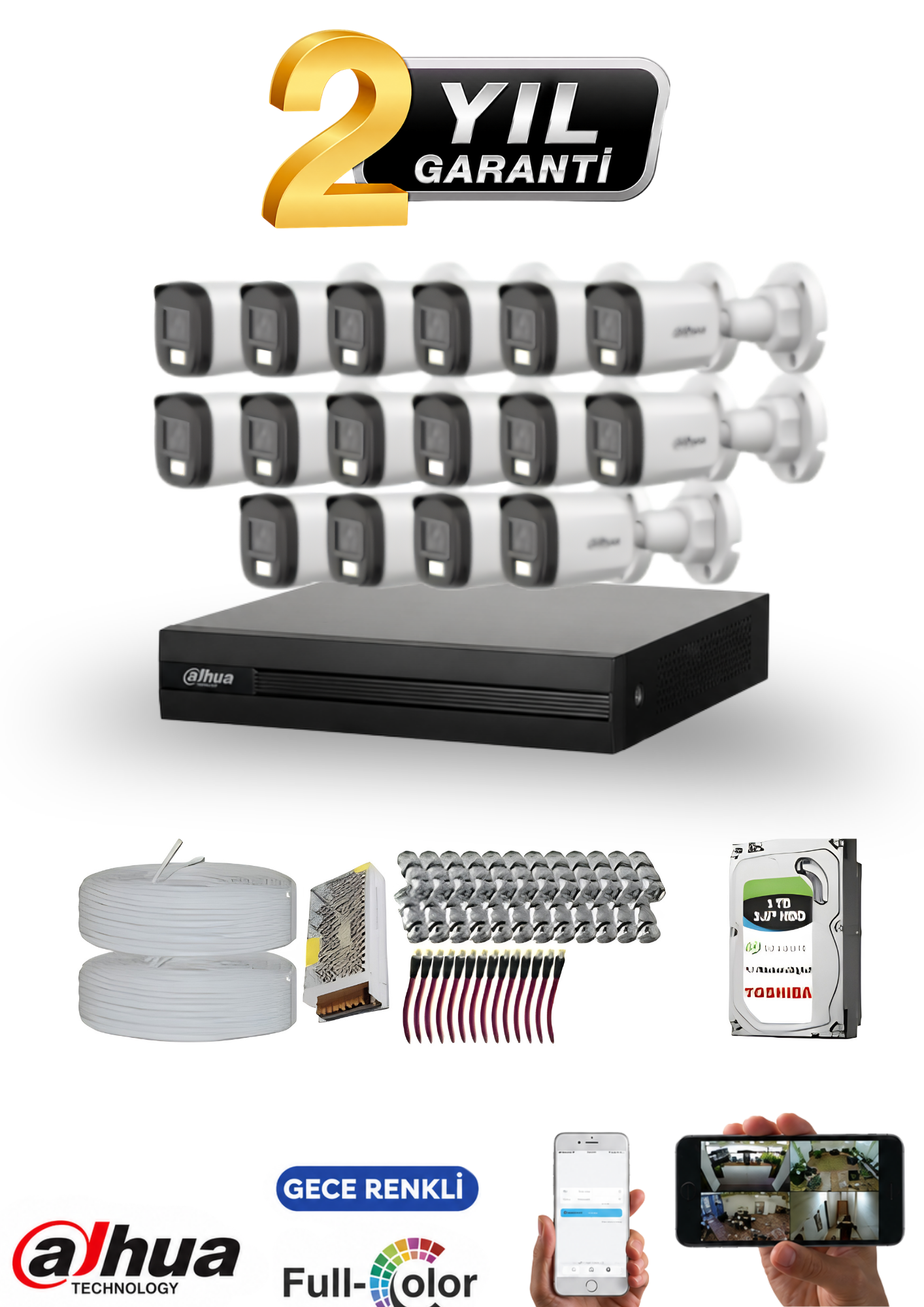 DAHUA 16 KAMERALI HDCVI FULL COLOR 7/24 RENKLİ KAMERA SETİ 1TB HDD