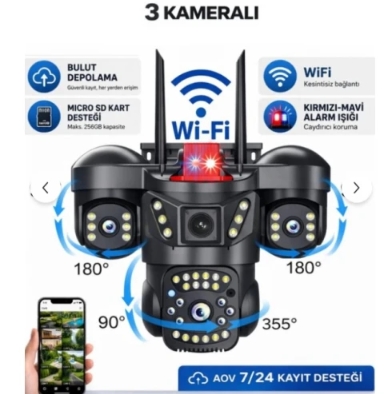 3 KAMERALI WİFİ KAMERA 9MP 360 DERECE DÖNEBİLEN