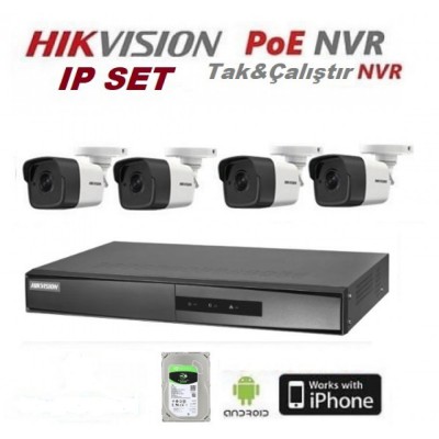 4 Kameralı Hikvision IP Poe Nvr lı Kamera Seti