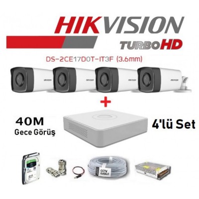 4 Kameralı Hikvision 2MP 40Mt. Güvenlik Set Hdd Dahil
