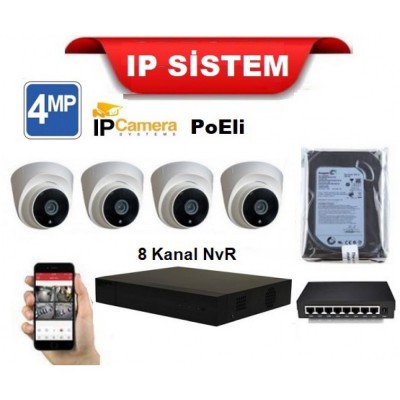 4 Kameralı 4MP UltraHD IP Dome Kamera Seti