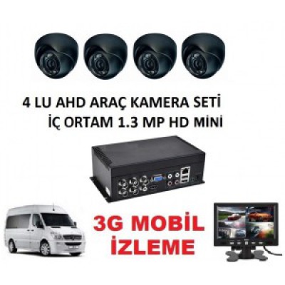 1.3MP AHD 4 KAMERALI HD İÇORTAM OTO ARAÇ SETİ 3G